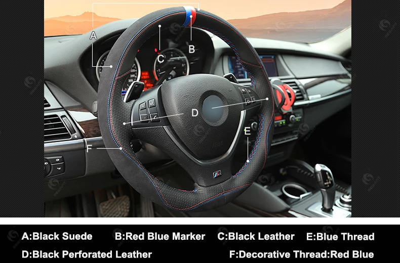 MEWANT Black Leather Black Suede Car Steering Wheel Covers for BMW E70 X5 2007 2008 2009 2010 2011 2012 2013 E71 X6 2007-2014-1