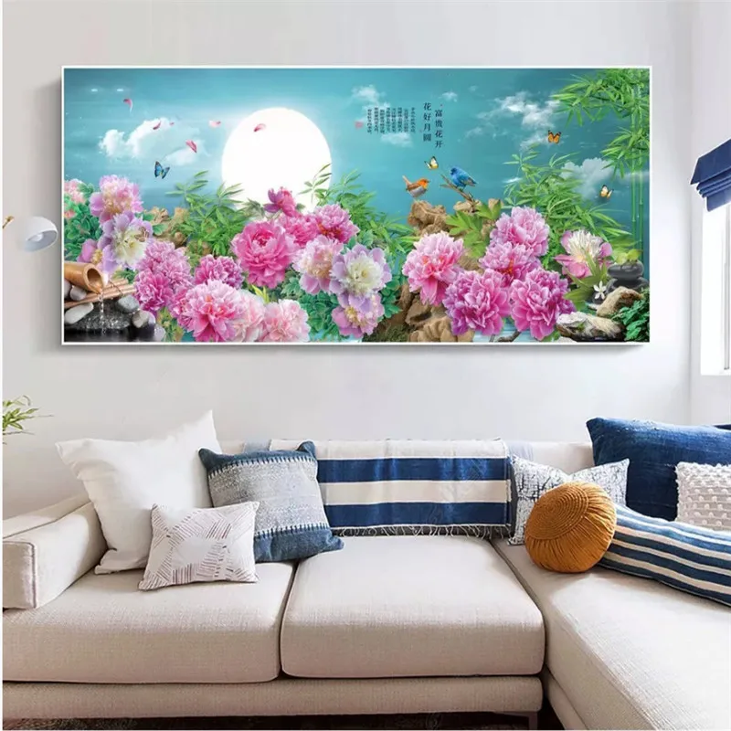 

HD Classic Chinese National Flower Luoyang Peony Flower Moon Landscape Frameless Canvas Painting Home Decor Wall Art Poster