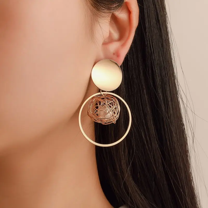 

New Fashion Vintage Gold Drop Earrings for Women Round Metal Wrapped Pearl Geometric Dangle Earrings Statement Jewelry
