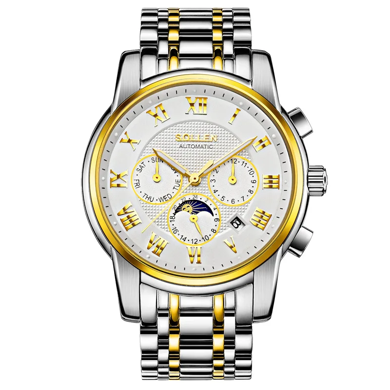SOLLEN 41mm between Gold face automatic mechanical watch steel belt male watch 24 hours a week