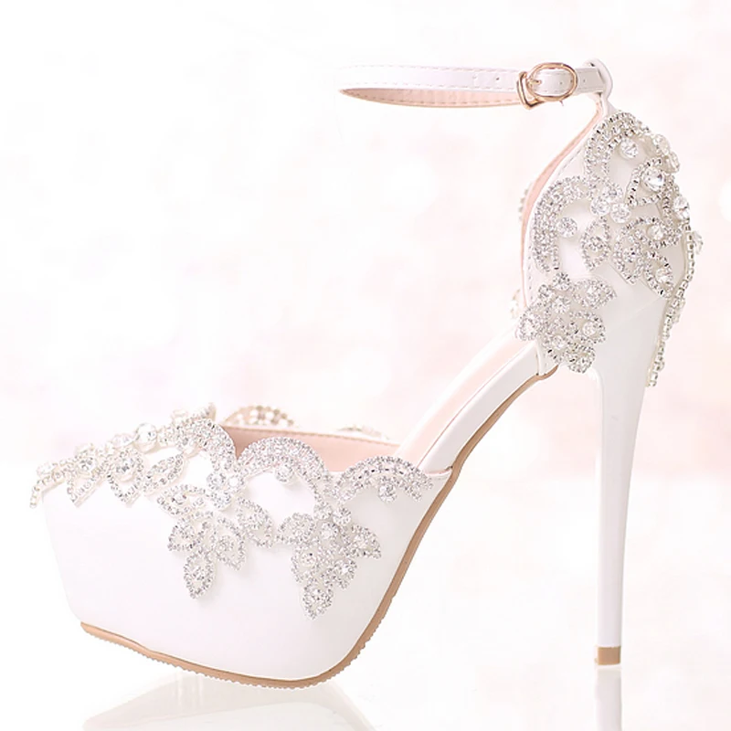

Women Sandals New White Waterproof High Heel Wristband Strap Crystal Bridal Shoes Female Pumps Ladies Thin Heel Summber Autumn