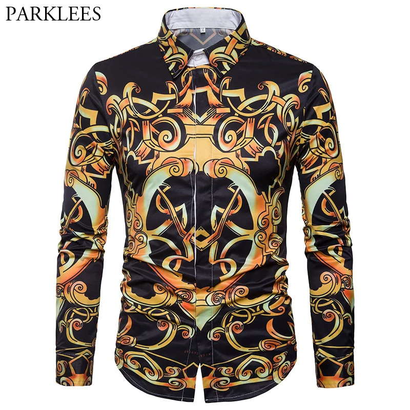 Mens Luxury Design Gold Floral Print Casual Button Down Shirt 2018 ...