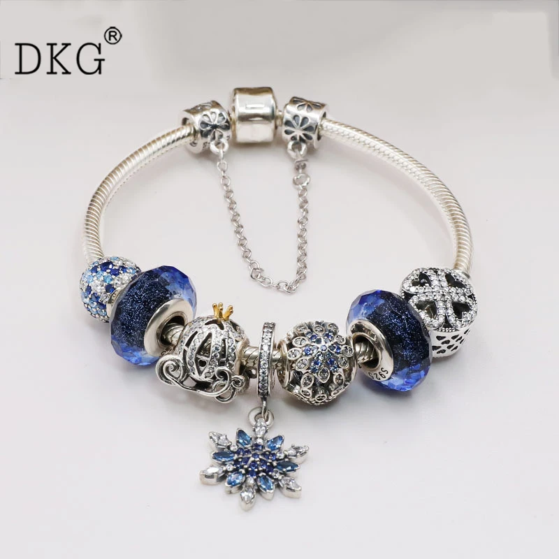 

Authentic 100% 925 Sterling Silver Blue snowflake CZ Fit Original Women DKG Bead Charm Bangle DIY Jewelry