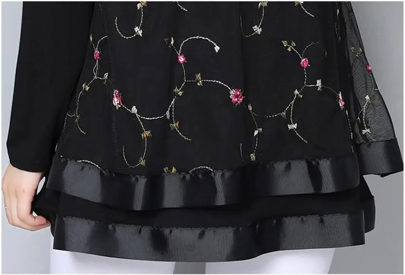Женские блузки рубашка модная шифоновая блузка кружевная Цветочная вышивка рубашки Топы с длинным рукавом Свободная Женская одежда Blusas 5XL