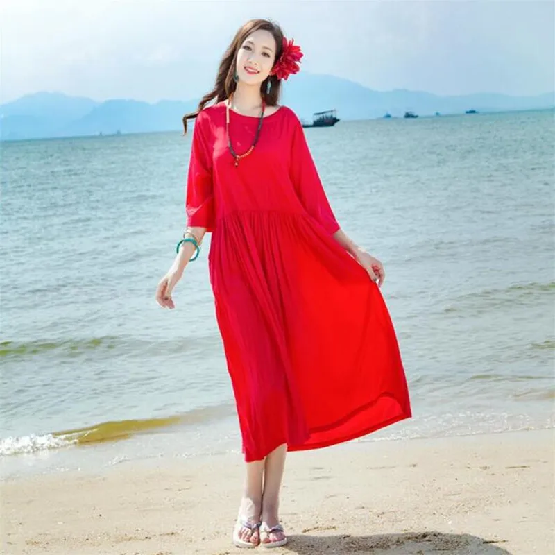 Plus Size 7XL 2019 Summer Women Cotton Linen Holiday Beach Dress Loose ...