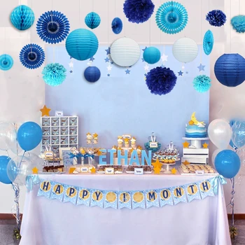 

20pcs Sea blue Themed Summer Party Decoration Set Paper Lantern Pompoms Wedding Home Children Kids Boy 1st Birthday Party Supply