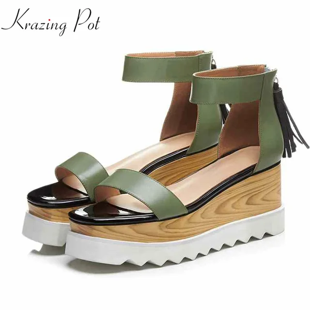 Krazing Pot 2018 soft genuine leatehr thick bottom gladiator tassel zipper decoration superstar increased platform sandals L28