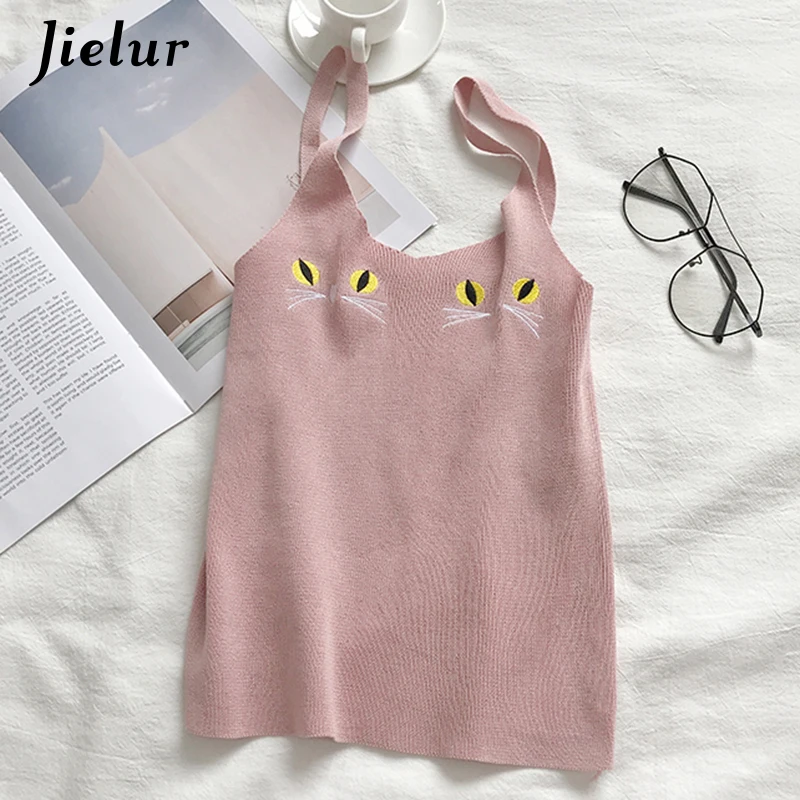 Jielur 5 цветов милый кот вышивка женские топы v-образный вырез сексуальные Camis для отдыха оболочка вязаный Топ женский летний укороченный топ