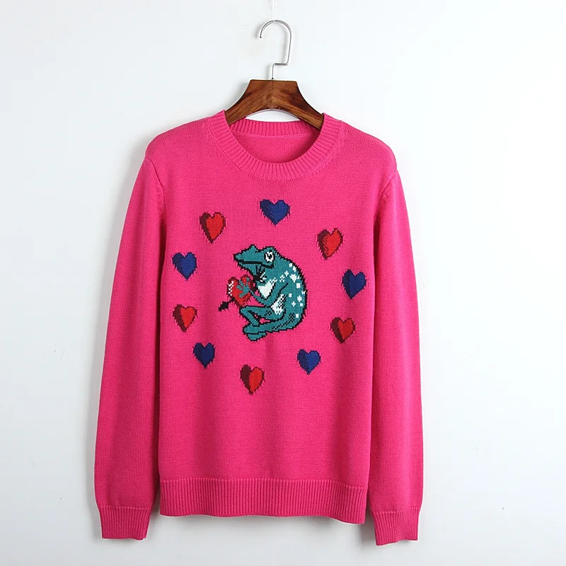 

women hot pink Love frog cartoon jacquard sweater loose long-sleeve fall winter jumper knit top pullover