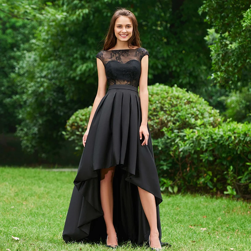 Tanpell asymmetry prom dresses black lace cap sleeves sweep train a