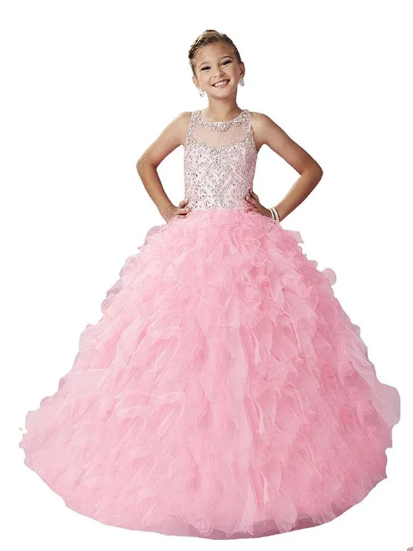New Arrival Long Pink Girls Pageant Dress Open Back Illusion Neck Sparkly Beading Ruffles Corset 2018 Wedding Flower Girl Dress New Arrival Long Pink Girls Pageant Dress Open Back Illusion Neck Sparkly Beading Ruffles Corset 2018 Wedding Flower Girl Dress