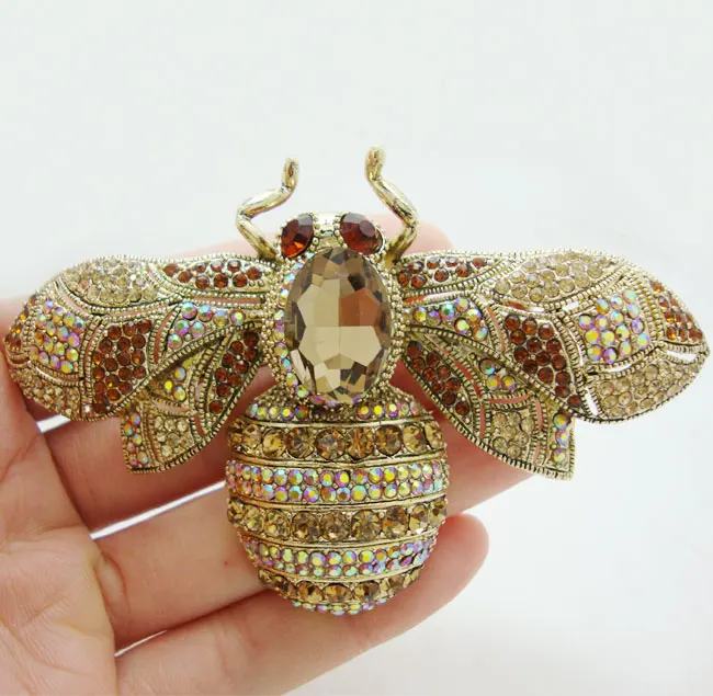 

Vintage Retro Bee Insectl Gold Tone Brooch Pin Brown Crystal Rhinestone Party Jewelry