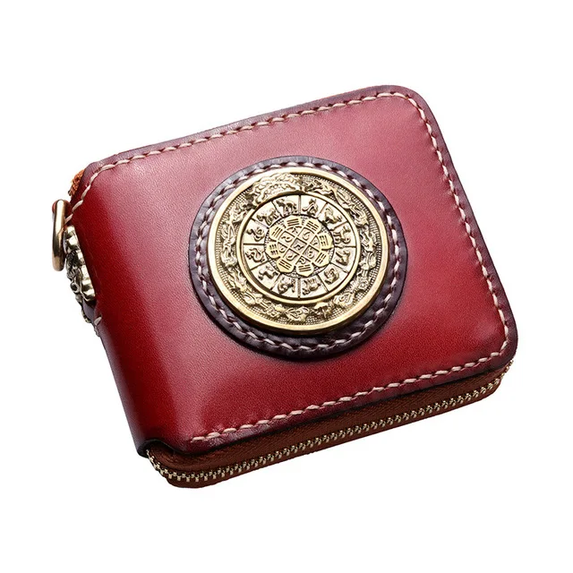 

Handmade short zipper wallet unisex new first layer leather personality retro leather nine palace multi-card wallet