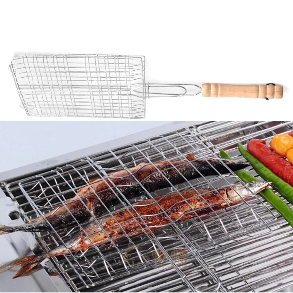 Горячая барбекю Рыба Сетка для гриля жаркое мясо рыба овощи барбекю инструмент с деревянной ручкой