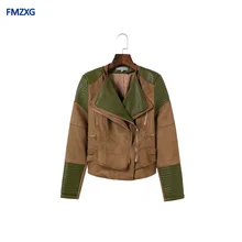 Женские осенне-зимние мотоциклетные пальто из искусственной замши в стиле пэчворк, модель года, женская одежда для похудения на молнии, Базовые Куртки из искусственной замши