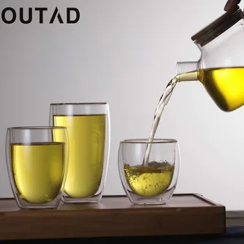 

OUTAD 250ml/350ml/450ml Double Layer Wall Clear Glass Tea Cup + Bamboo Lid heat resistant Coffee Milk Thermal Insulation Mug