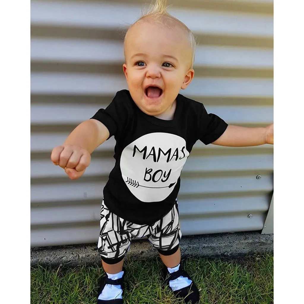 

Baby Letter Short Sleeve Toddler Infant Baby Boys Printed T-shirt O-neck Tops+Modis Geometric Shorts Outfits Set Boy Clothes