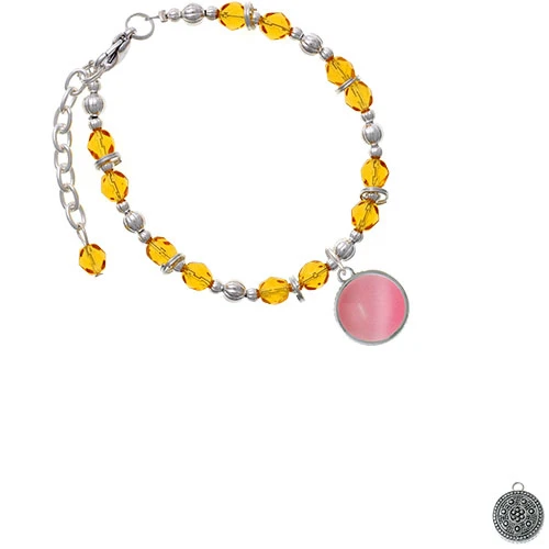 Silvertone Round - Imitation Cat's Eye - Pink - Yellow Beaded Bracelet