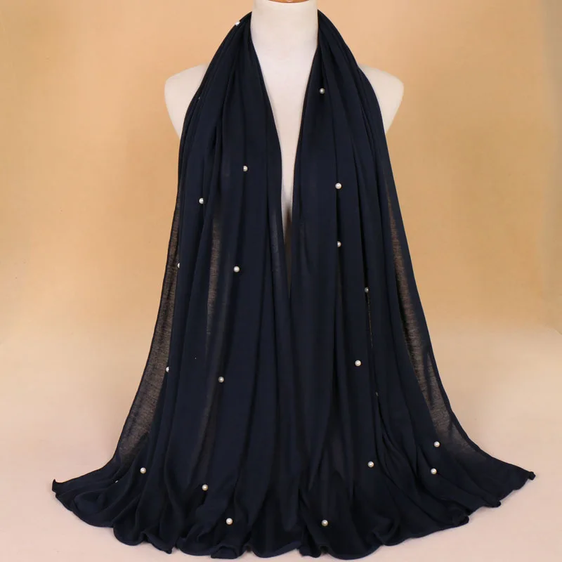 

KL275 180-90CM Women Pearls Plain Turban Muslim Ethnic Jersey Hijab Solid Long Shawl Novelty Head Wrap Scarf Hijab