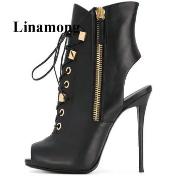 

Black Ladies Shoes Peep Toe Side Zipper Cross-ried Sexy Thin High Heel Platform Ankle Boots Spring And Autumn Women Boots