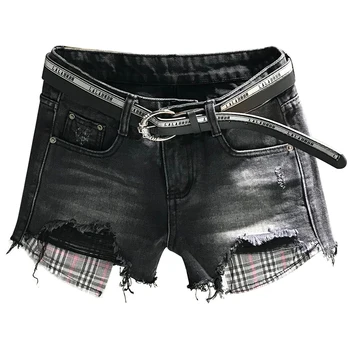 

plus size 26-32! autumn new personality big pocket black gray hole denim shorts women wide leg jeans shorts