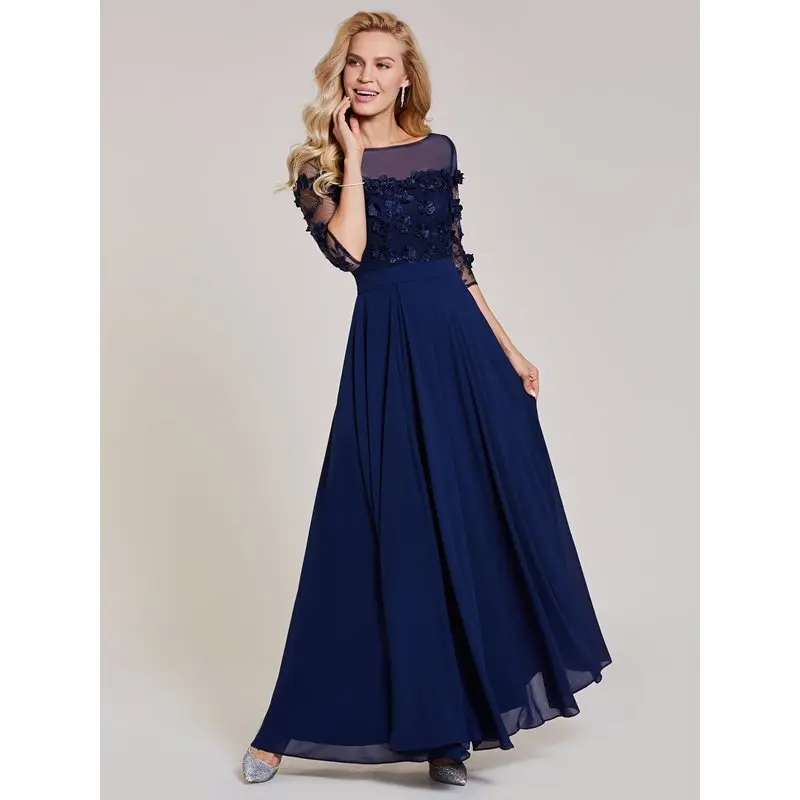 Dressv темно-синее длинное вечернее платье размера плюс, недорогое ТРАПЕЦИЕВИДНОЕ торжественное платье с рукавами 3/4 для свадебной вечеринки, вечернее платье с аппликацией es
