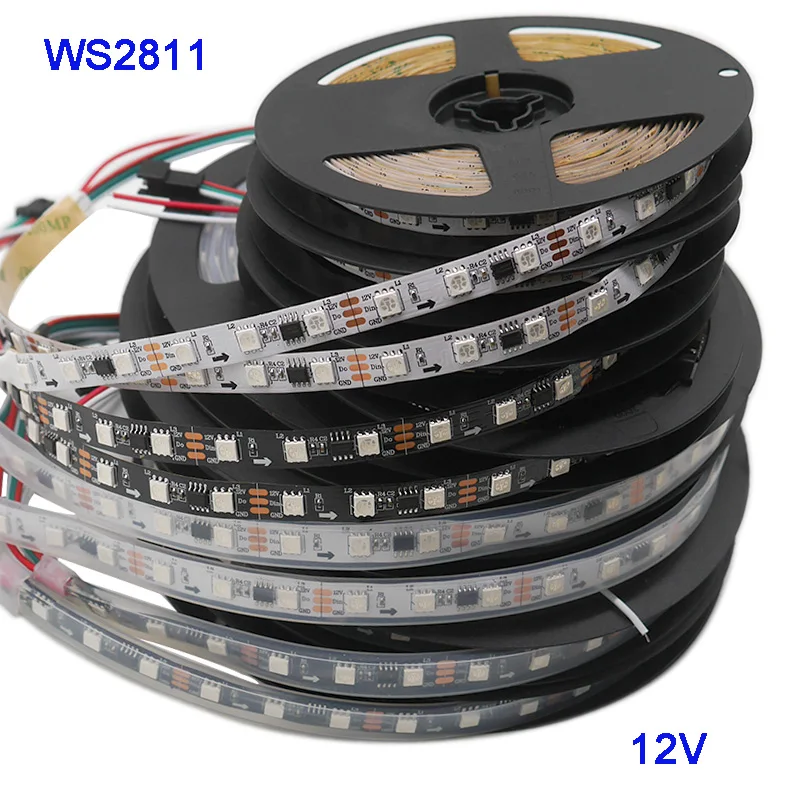 DC12V 1 м/3 м/5 m 30/48/60 светодиодов/m 5050 SMD RGB WS2811 Смарт Pixel Led Адресуемых WS2811IC черный/белый печатных плат