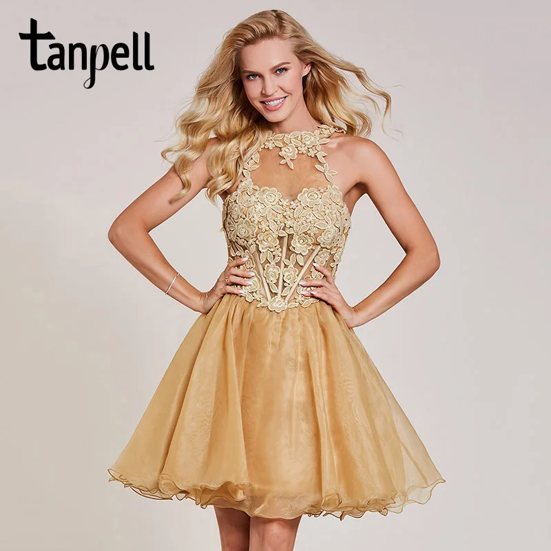 

Tanpell appliques cocktail dress champagne halter neck sleeveless knee length a line gown lady homecoming short cocktail dresses