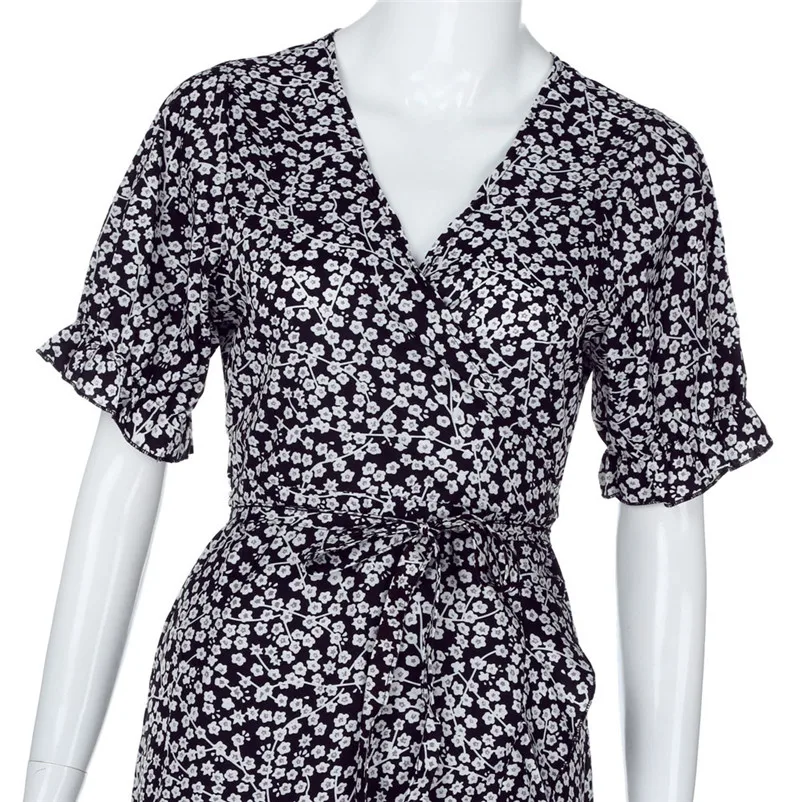 HOT summer dress 2018 beach dressWomen Floral Printed Short Sleeve V-Neck Summer Dress Beach Ruffled Skirt vestidos J19#N (5)