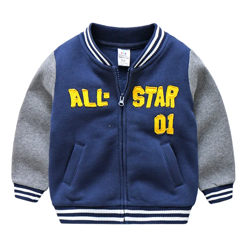 Autumn Winter Active 2-7 8 Years Children Full Sleeve V-Neck Sports Outwear Coats Kids Baby Boy Baseball Plus Velet Jacket