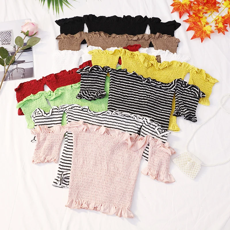 

2019 Women Summer Flare Sleeve Slash Neck Striped Basic Shirt Casual Short Elastic Slim High Waist Pullover Pleated Blouse Tops