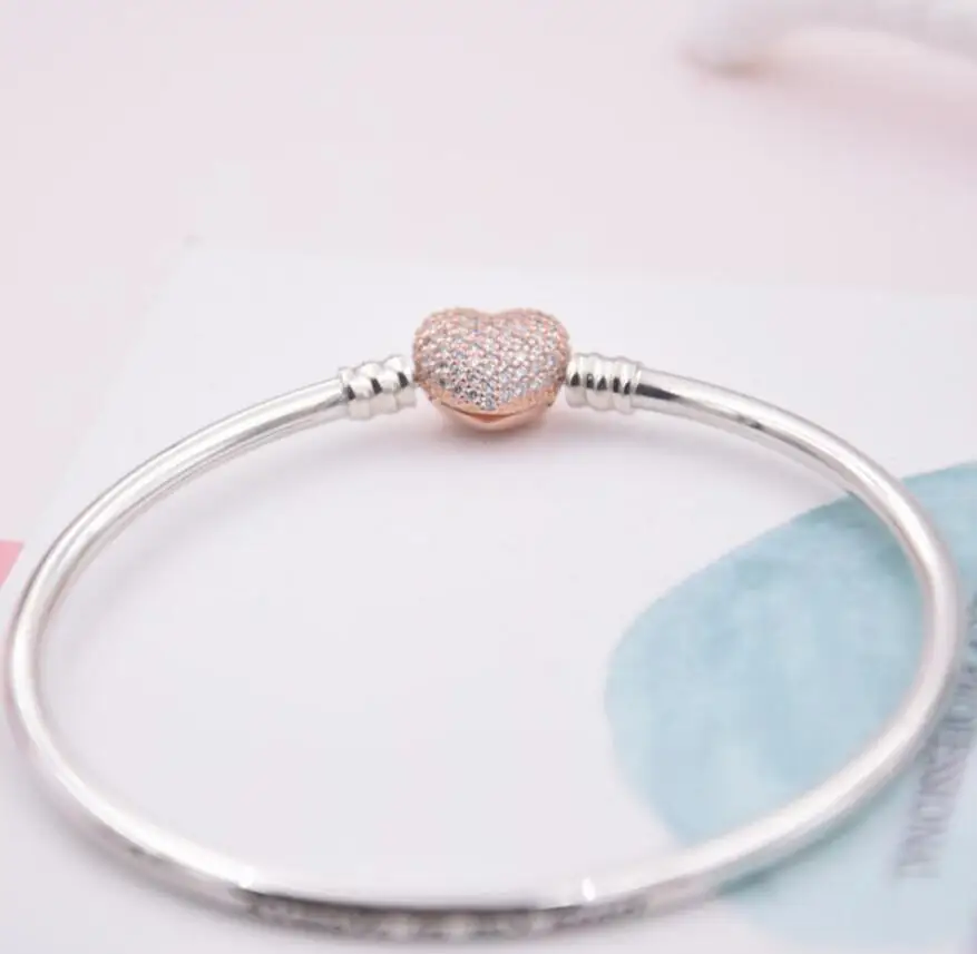 

Authentic 925 Sterling Silver Rose Plated Charms Clip With Clear Cz Bracelets Bangles DIY Beads Making Jewelry