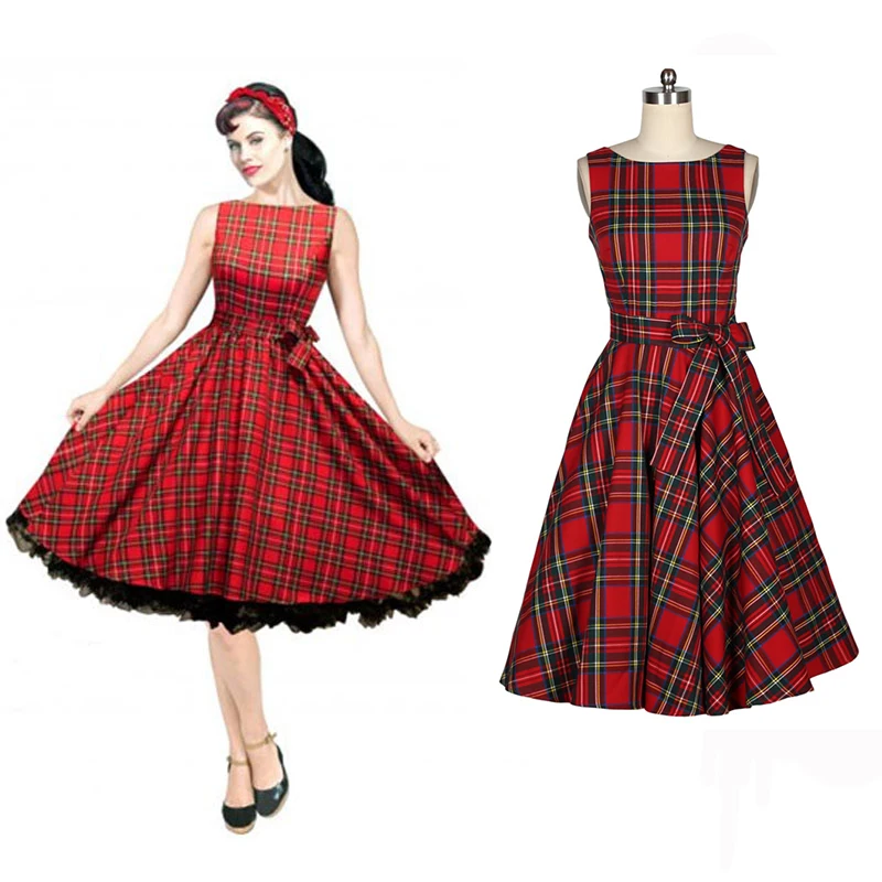 0022 1950s pinup retro vintage rockabilly Audrey Hepburn Classy red font b tartan b font swing