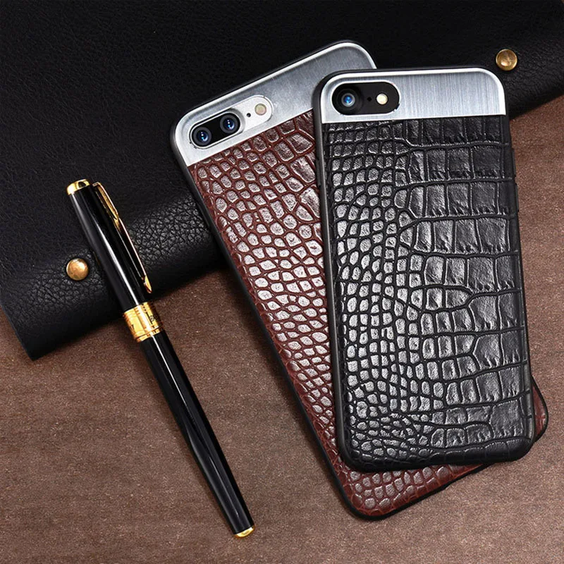

for Iphone7 and 7plus leather case for 8 and 8plus metal wire drawing mobile phone shell crocodile skin paste leather phone cas
