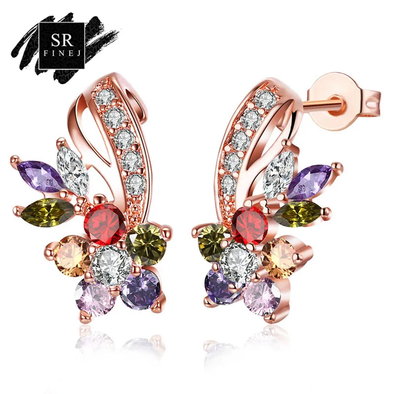 

SR:FINEJ Fashion Austrian Crystal Flower Earrings Statement Stud Earrings For Woman Party Wedding Jewelry Boucle D'oreille Femme