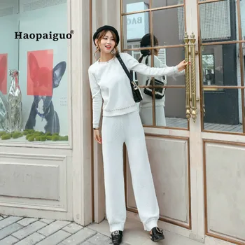 

2 Piece Set 2018 Women Autumn Black White Long Sleeve O-neck Casual Office Top and Full Length Knitting Broad Leg Pants Ladies