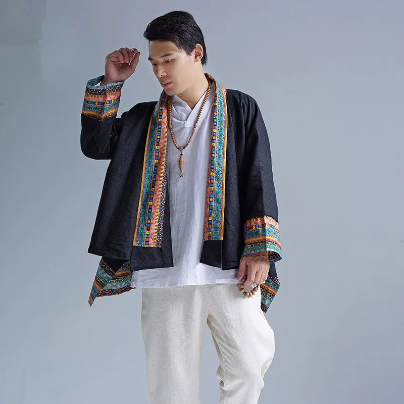 Spring Linen Kimono Jackets Men Ethnic Cotton Linen Jackets Irregular