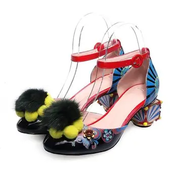 

Retro handmade women stone chunky heel fur ball shoes beading ball low chunky stone heel woman shoes