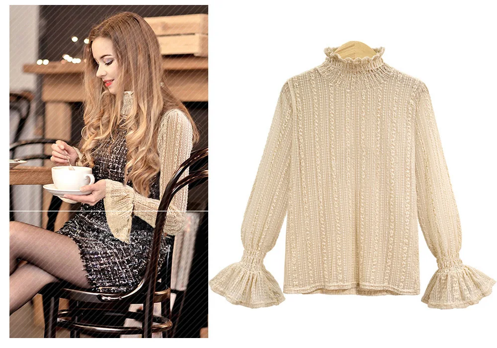 

New Ladies Blusas Women's Long Butterfly Sleeve Chiffon Lace Crochet Tops Blouses Women Clothing Feminine Blouse Transparent