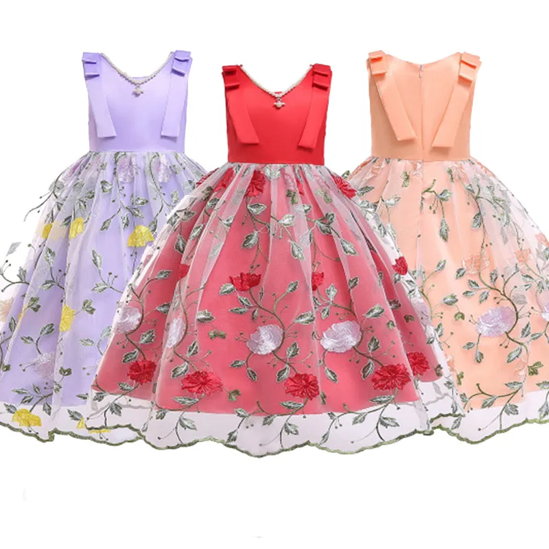 

Summer New Girls Pearl Embroidery Princess Dress Mesh Sleeveless Dress Flower Girl Wedding Dress Little Girl's Birthday Clothing