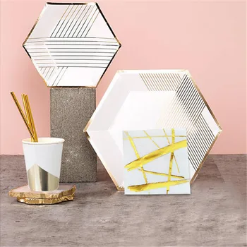 

16 Sets Foil Gold Party Supplies Tableware Kits Paper Plates Cups Napkins Drinking Straw Wedding Engagement Birthday Party Decor