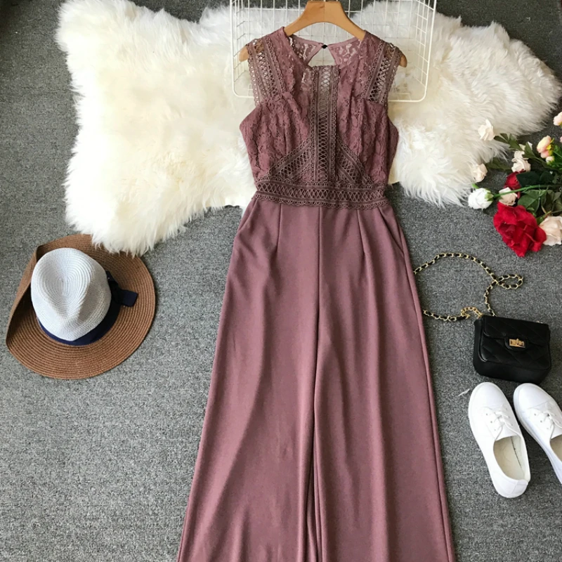 2019 Office Lady plus size  Polyester trousers women Round neck lace stitching backless slimming jumpsuit women's clothes