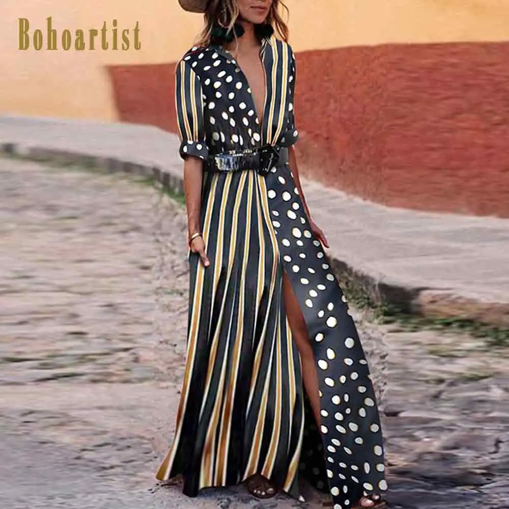 Bohoartist женское длинное платье в горошек с v-образным вырезом свободное Бохо мусульманское платье макси одежда богемный отдых осень Полосатое платье для девочки - Цвет: Black