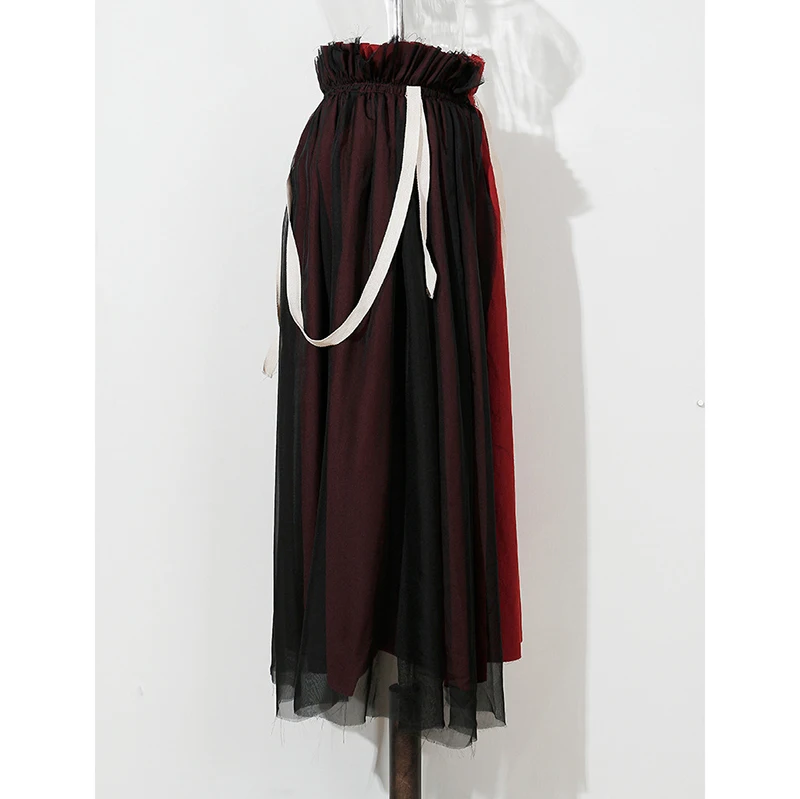 [EAM] New Spring Summer High Elastic Waist Hit Color Wine Red Mesh Stitch Strap Half-body Skirt Women Fashion Tide JU731