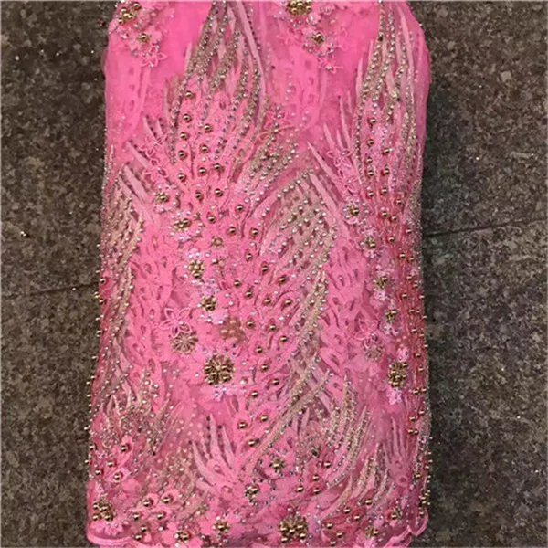 

Latest orange color african lace fabric 2019 pink beads high quality african tulle lace fabric luxury design with full stones