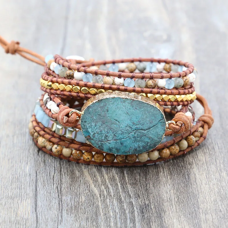 

Europe and American Vintage Natural Marine Stone Beaded Bracelet Crystal Quartz Natural Stone Weaving Handmade Bohemian Bracelet