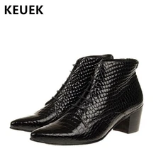 British style Men Motorcycle boots Lace-Up Pointed Toe Ankle boots Med-heel shoes Genuine leather Male Fashion boots 02C