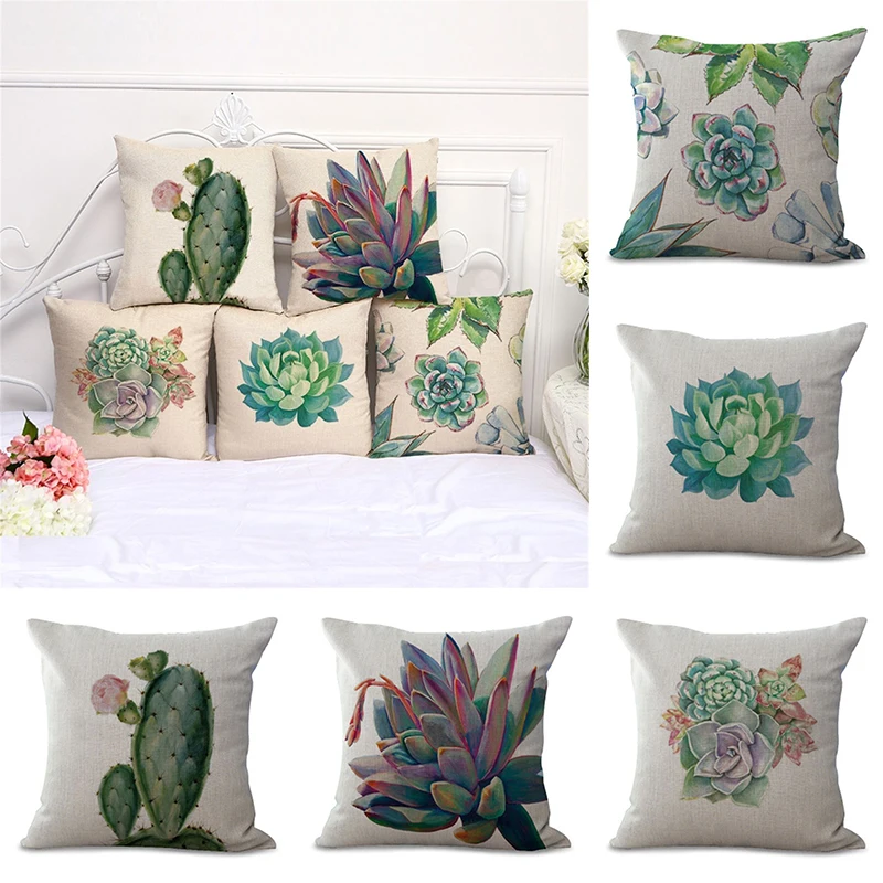 Linen Cototn Cactus Plants Cushion Cover Green Leaves Pillow Case Seat Sofa Home Decorative Pillow Cover Textiles Pillowcase