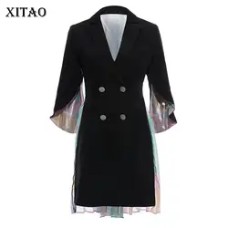 XITAO шифоновый складчатый блейзер в Корейском стиле, модное элегантное двубортное пальто в стиле пэчворк с рюшами и Зазубренным воротником