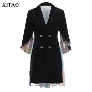 

XITAO Chiffon Pleated Blazer Korea Fashion Patchwork Ruched Elegant Notched Collar Wild Joker Double Breasted Coat WQR1254